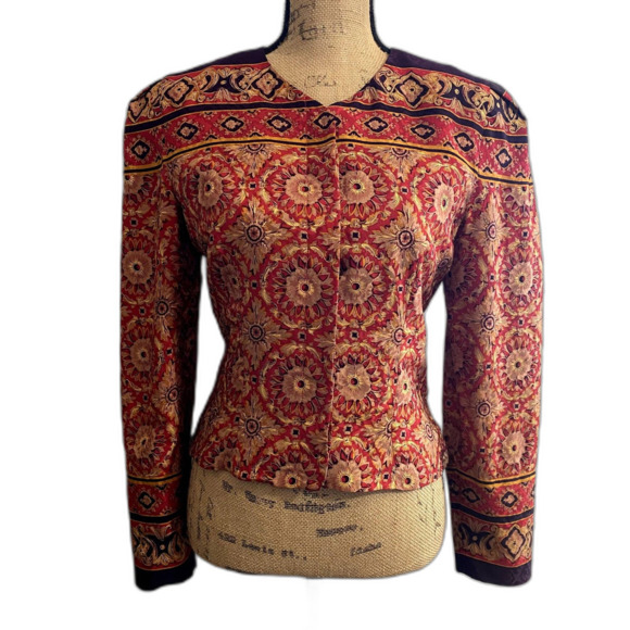 Vintage Maggy London Silk Jacket Collarless Red Intricate Chintz Pattern Size 6 - Picture 1 of 6